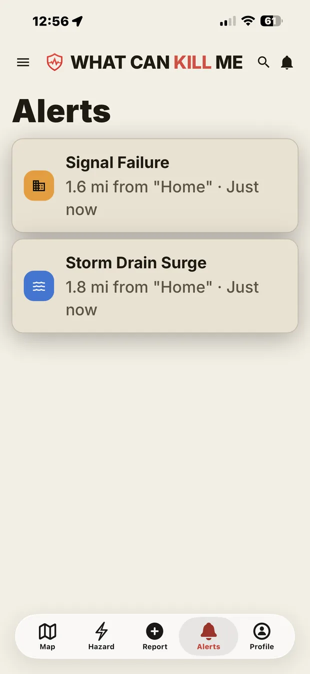 The Alerts screen: a Signal Failure 1.6 miles from a saved place and a Storm Drain Surge 1.8 miles away.