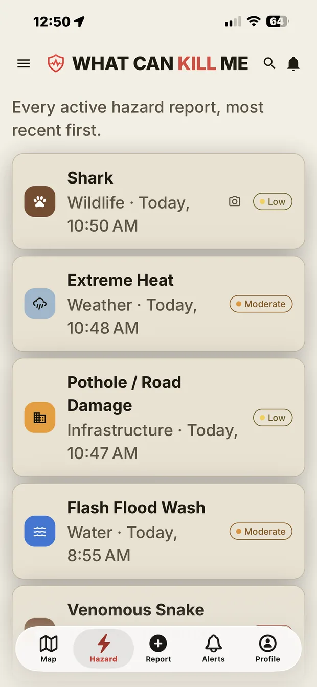 The Hazard list: Shark, Extreme Heat, Pothole and Flash Flood Wash, each with a family and a severity chip.