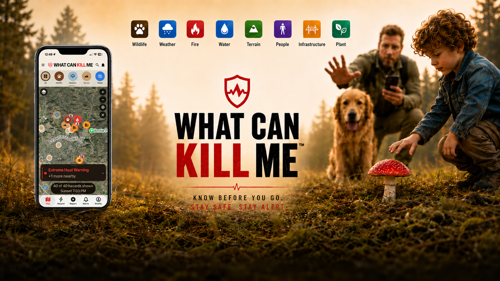 The What Can Kill Me app open on an iPhone, showing a hazard map with 40 nearby hazards, an Extreme Heat Warning and sunset at 7:03 PM, beside the eight hazard family icons — Wildlife, Weather, Fire, Water, Terrain, People, Infrastructure and Plant — and a father reaching to stop his young son from touching a red-and-white toadstool. Know before you go. Stay safe. Stay alert.
